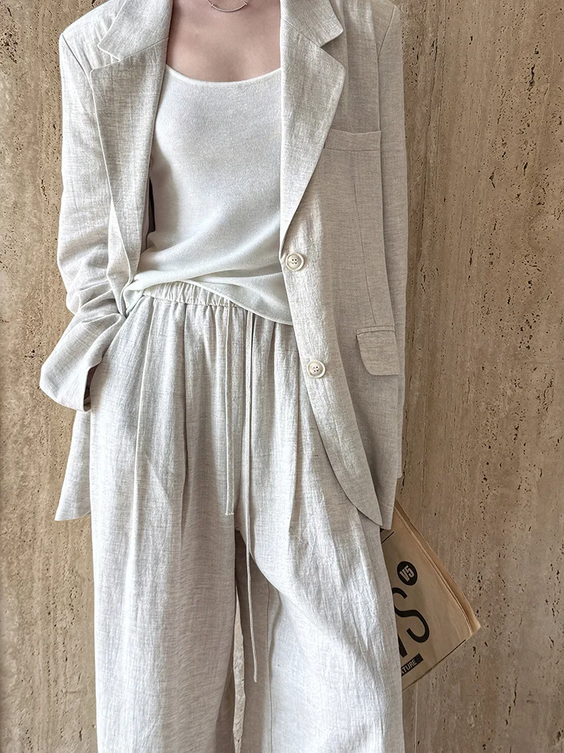 Otoño de alta gama Material de lino Blazer chaqueta conjuntos mujeres 2025 novedad de verano suelta pierna ancha pantalón Casual ropa de mujer Oficina señora
