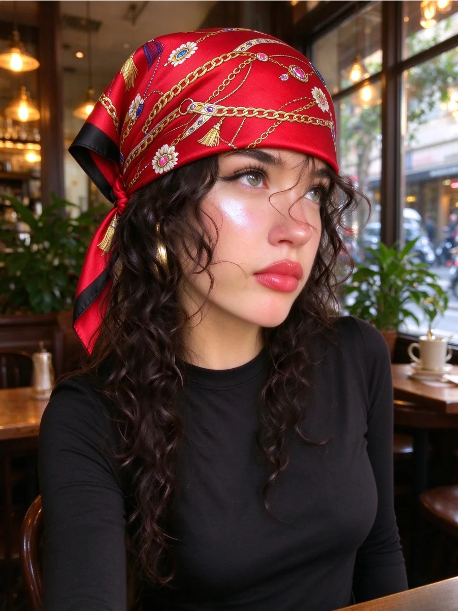 Red Gem Chain Print Satin Square Scarf Women Black Border Bandana Head Neck Hair Wrap Scarves