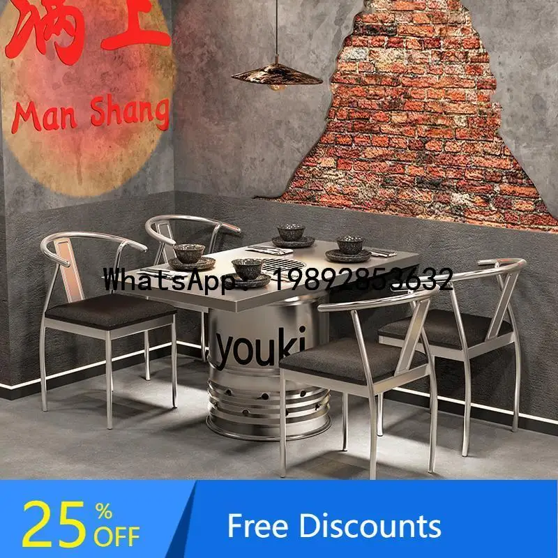 XL  Stainless Steel Barrel Induction Cooker Table Hot Pot Table and Chair Smokeless Commercial All-in-One New Model BBQ Special