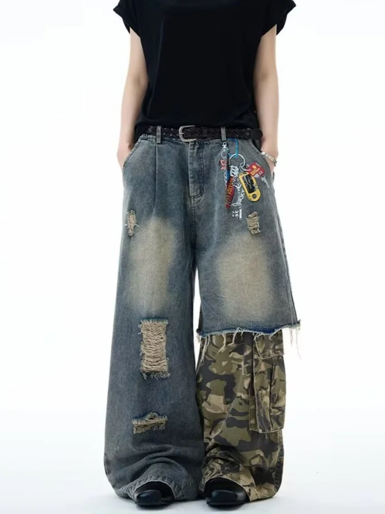 

2025 Trashy Y2K уличная одежда камуфляжные лоскутные мешковатые рваные джинсы брюки для женщин винтажная одежда 90-х годов широкие женские брюки