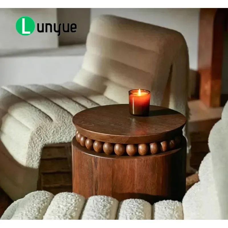 French Solid Wood Cylindrical Coffee Table Small Round Side Table Minimalist Living Room Bedroom Furniture Natural