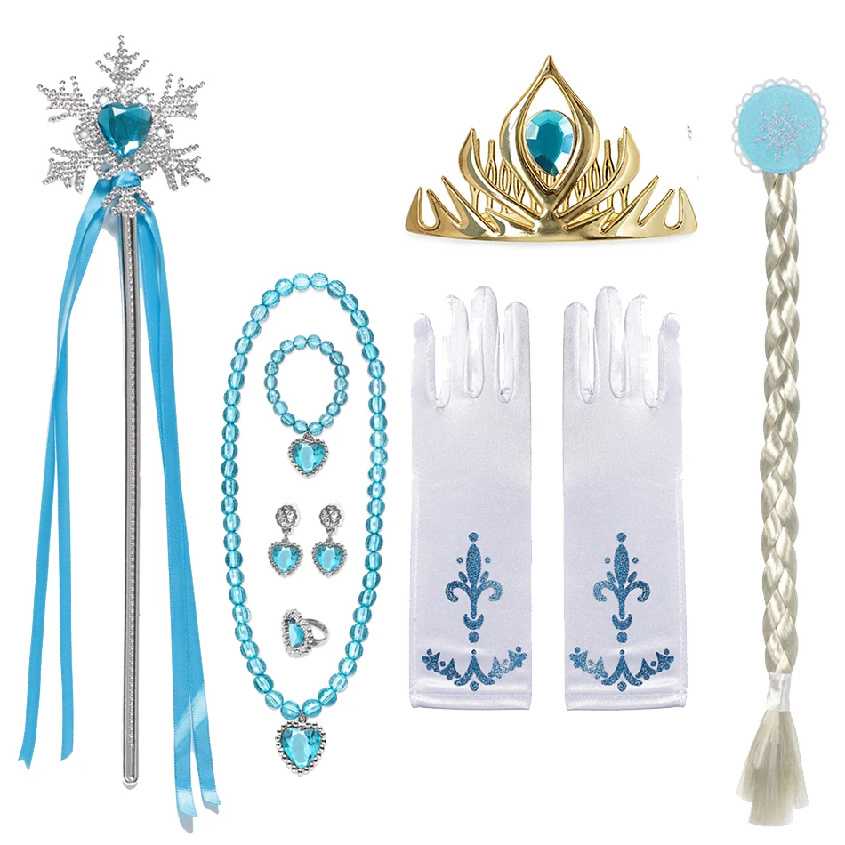 Disney Frozen 1/2 Elsa Accessories Gloves Wand Crown Jewelry Set Elsa Wig Braid for Princess Dress Clothing Cosplay Accessories