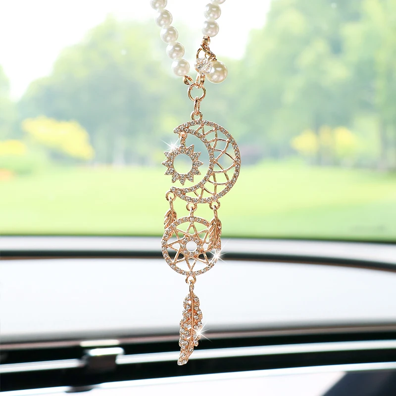 Exquisite Diamond Moon Dream Catcher, Creative Feather Car Hanging Decoration, Car Rearview Mirror, Car Pendant, Interior Decora