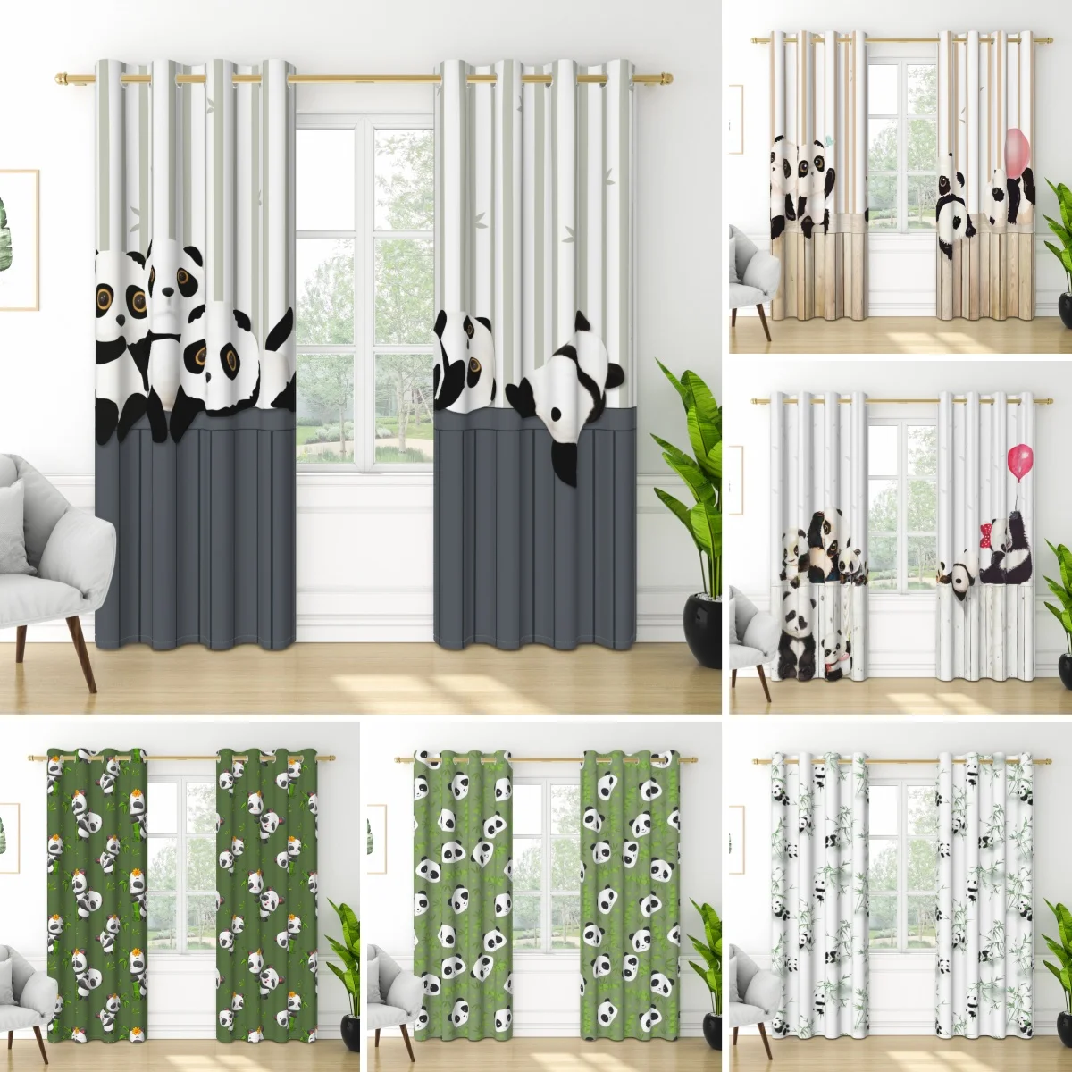 2 pieces Cute Panda Window Curtain Bedroom Living Room Children Room Window Decor Darkening Thermal Insulated Blackout Drapes