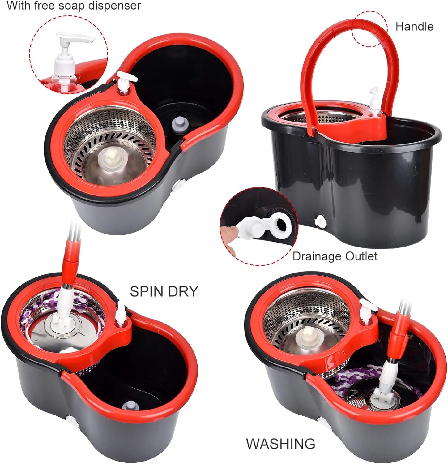 360° Spin Mop Bucket Sets with Wring System in 3 Microfiber Heads, Stainless Steel Basket 61