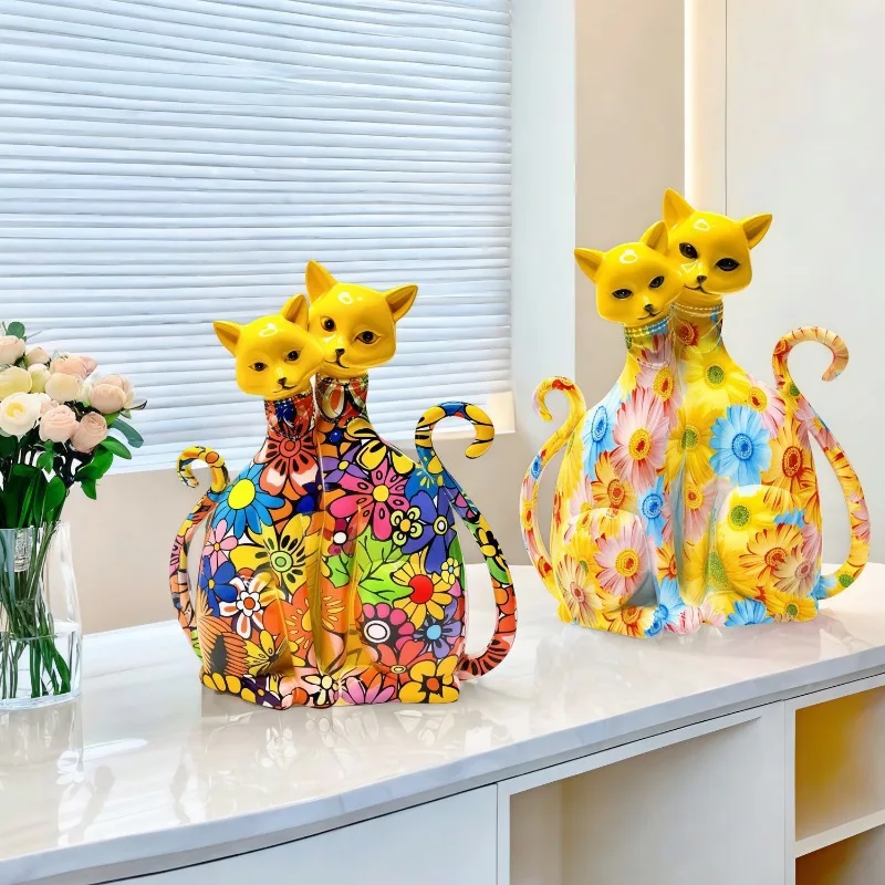 Creative Colorful Graffiti Style Couple Cat Resin Statue Blue Gemstone Eyes Unique Room Decoration Designed for Cat Enthusiasts