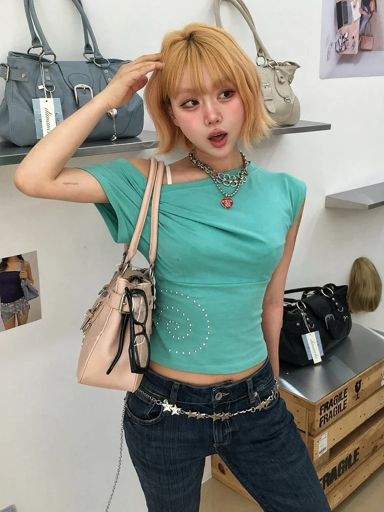 Kliou Casual Fashion T-Shirt Woman Skew Collar Rhinestone Decoration Navel Exposed Design Summer Holiday Beach Simple Style Tees