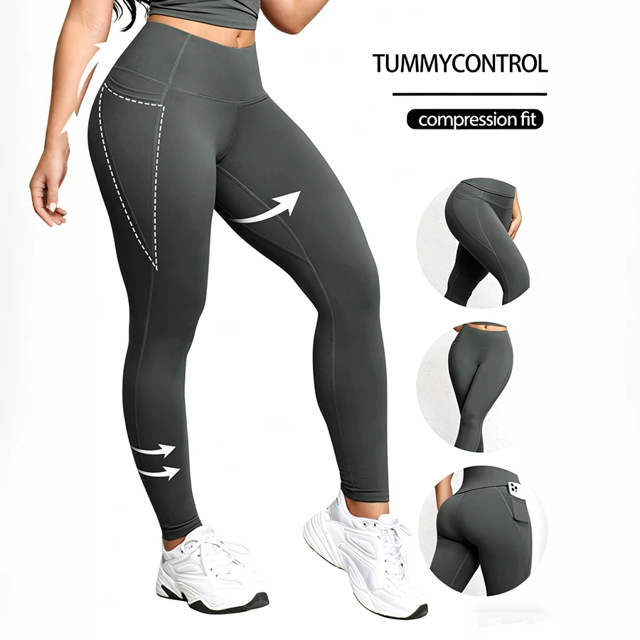 Women Leggings with Pockets Solid Color High Waist Butt Lifting Workout Tights Slim Elastic Pants Casual Wear