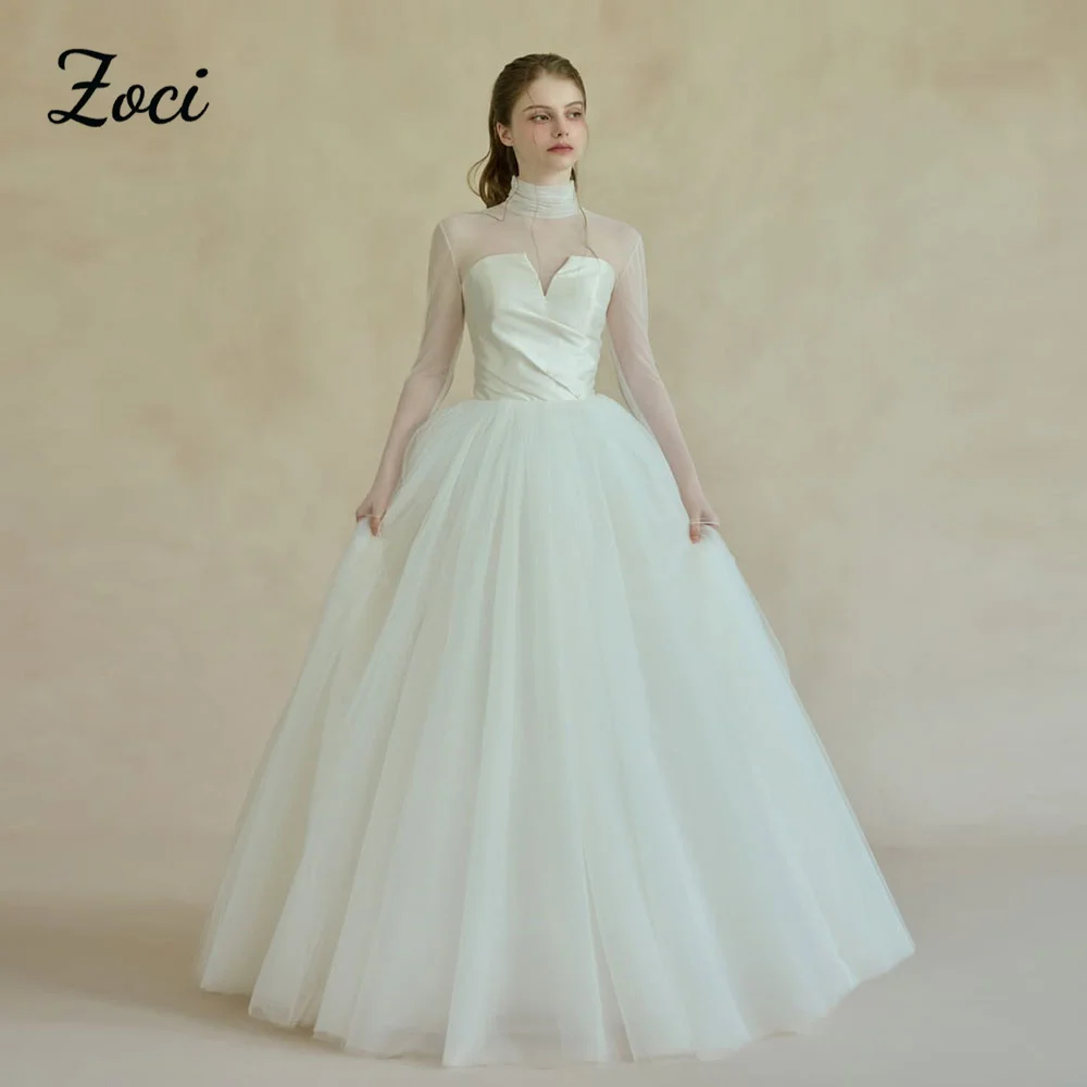 

Zoci Customized Satin Tulle Korea Wedding Dresses Scoop High Neck Long Sleeves Formal Party Wedding Photography Bridal Gowns