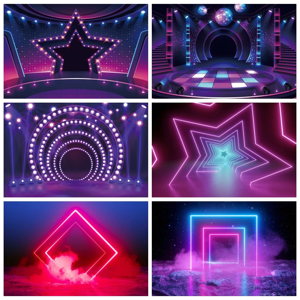 Neon Lights Stage Photography Backdrop Futuristic Electronic Aperture Smog Stage 80\'s 90\'s Disco Party Background Photo Studio