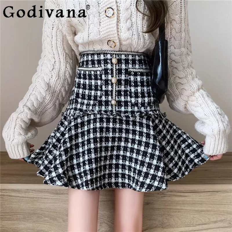 Plus Size L-4XL Girl Autumn Winter High Waist Plaid Fishtail Skirt Black A-line Fashionable Versatile Elegant Korean Mini Skirts