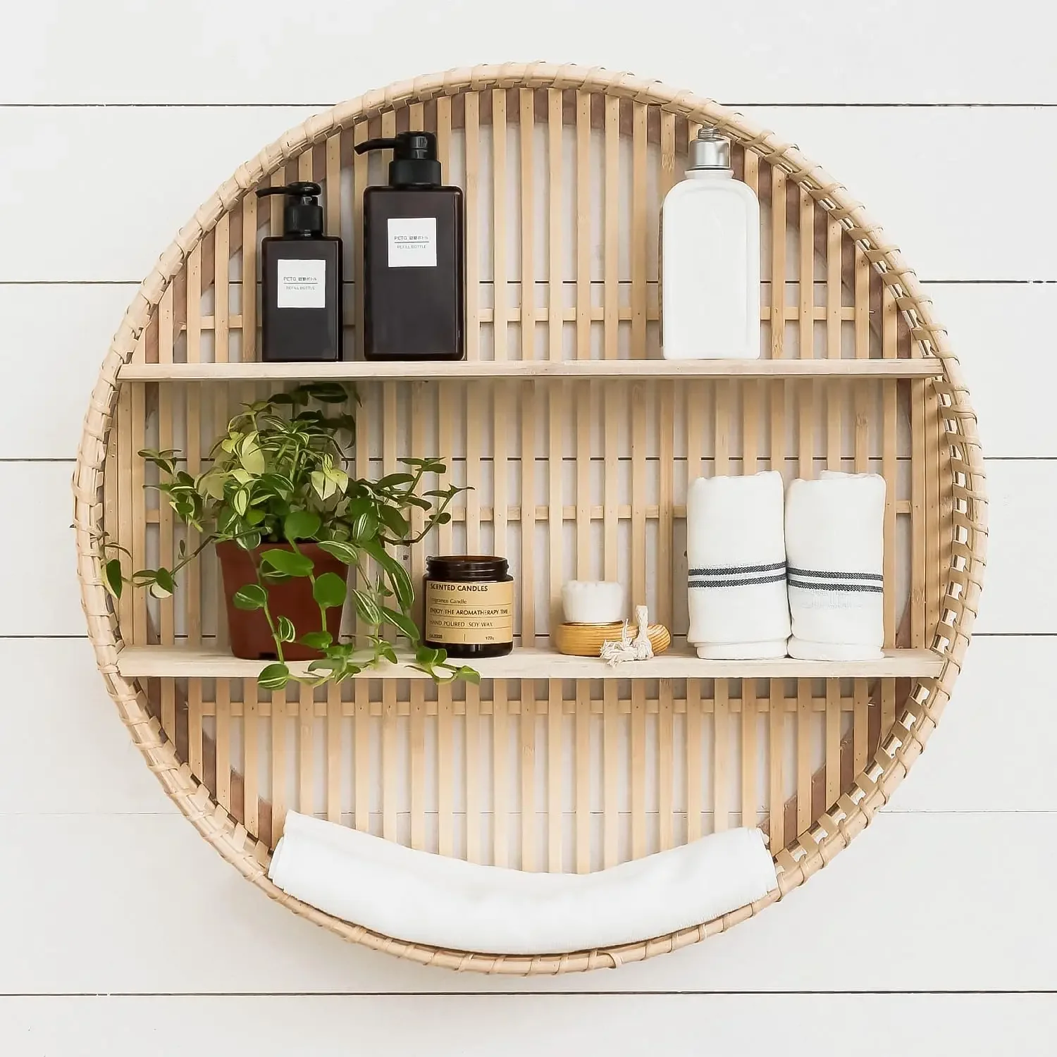 Rattan Wall Shelf 3 Tier Boho Wall Mounted Shelf Farmhouse Handcraft Round Floating Shelf Display Rack Storage Circular Hanging