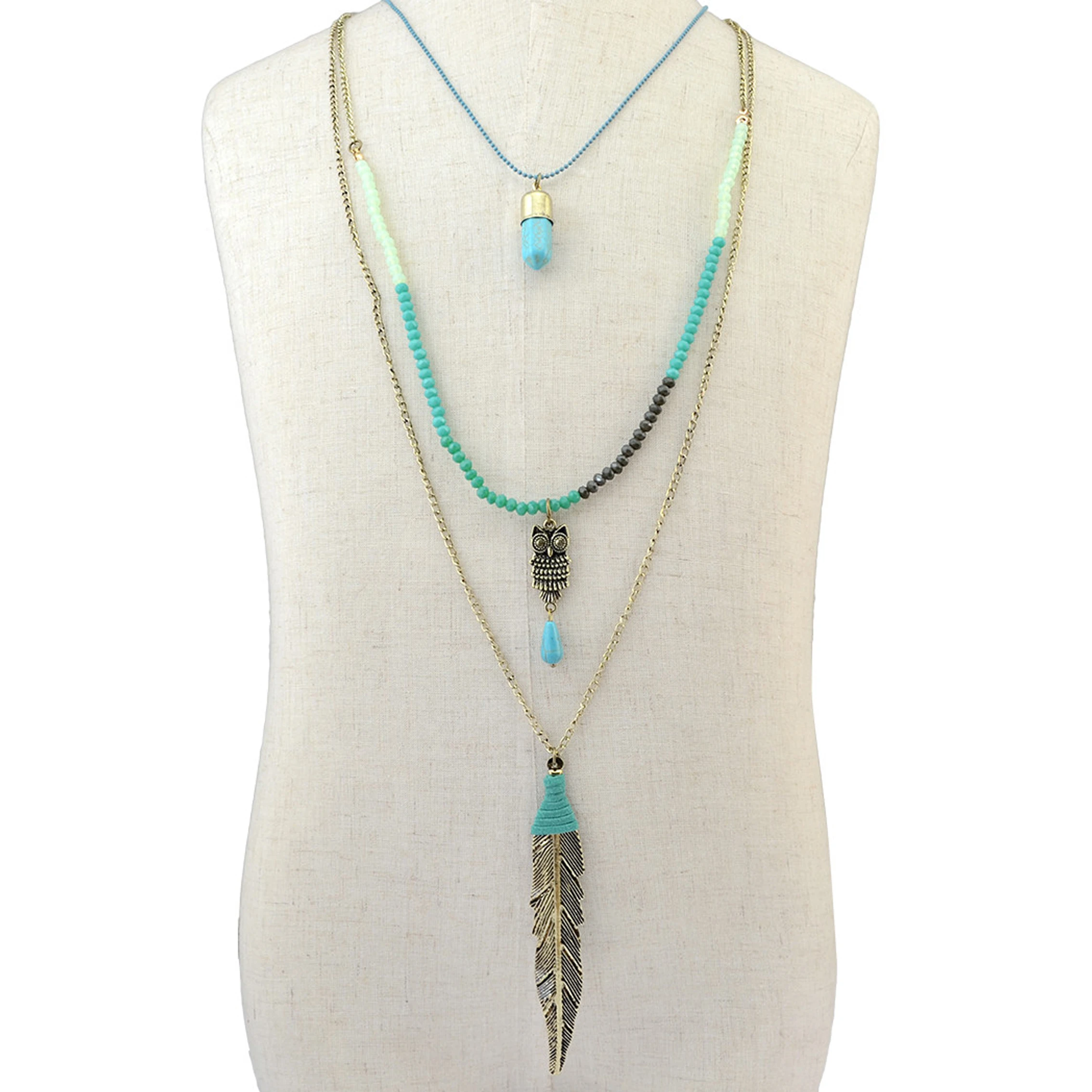 Sense Of Level Long Necklace Leaf Owl Pinecone Cone Bead String Alloy Imitation Turquoise Bohemia Autumn Lovely Lady Accessories