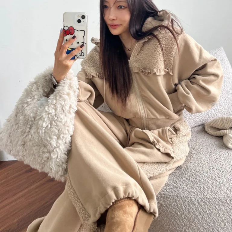 Korean Style Lamb Fur Splicing Hat Set Loose Lace Zipper Sweatshirt Wide Leg Pants Two Piece Set Winter Home Clothes