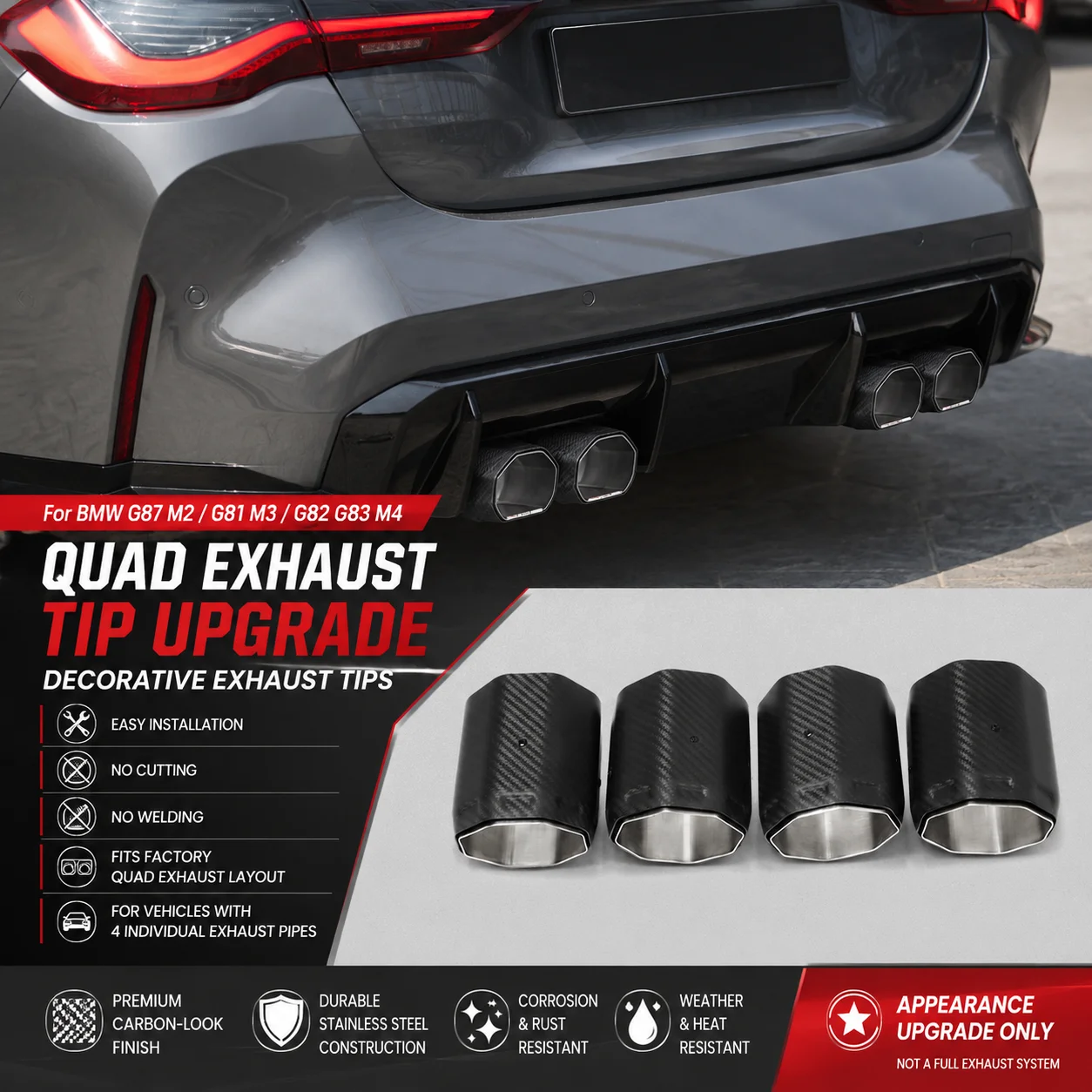 4 Stück 80-101mm achteckige Carbonfaser-Auspuffblenden für BMW M2 G87 M3 G81 M4 G82 G83 Schalldämpfer-Endrohr Autozubehör