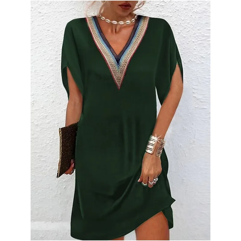 Summer New Elegant Fashion Vintage Folk Minimalist Dress Women Structured Short Sleeve V Neck Sequined Loose Casual Short Robes