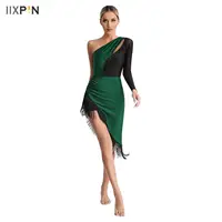 Vestido de baile latino con lentejuelas, vestido de baile de Tango Cha, borla de Cabaret para mujer, diamantes de imitación brillantes, vestido de salón de graduación con un hombro