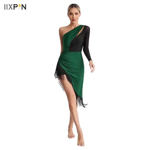 Vestido de baile latino con lentejuelas, vestido de baile de Tango Cha, borla de Cabaret para mujer, diamantes de imitación brillantes, vestido de salón de graduación con un hombro