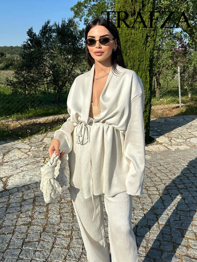 New Women 2 Piece Set Pleated Texture Lace Up Decorate Loose Kimono Shirt Top+Elegant Casual Slim Wide Leg Long Pant Mujer