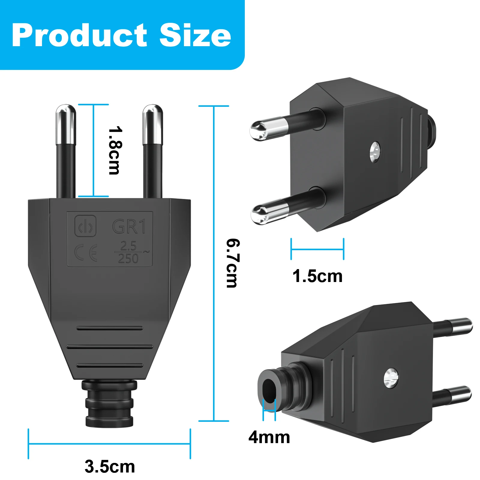 6pc EU European 2 Pin Male Plug AC Electric Power Socket Adapter with Screwdriver 110V~250V Rewireable Extension Cord Connector