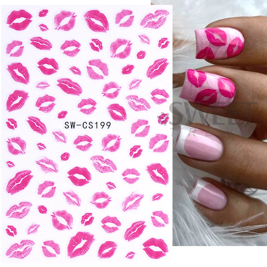 3D Sexy Lips Nail Stickers Leopard Print Love Heart Letter Pink Rose Red Lips Valentines Manicure DIY Romantic Nail Decoration