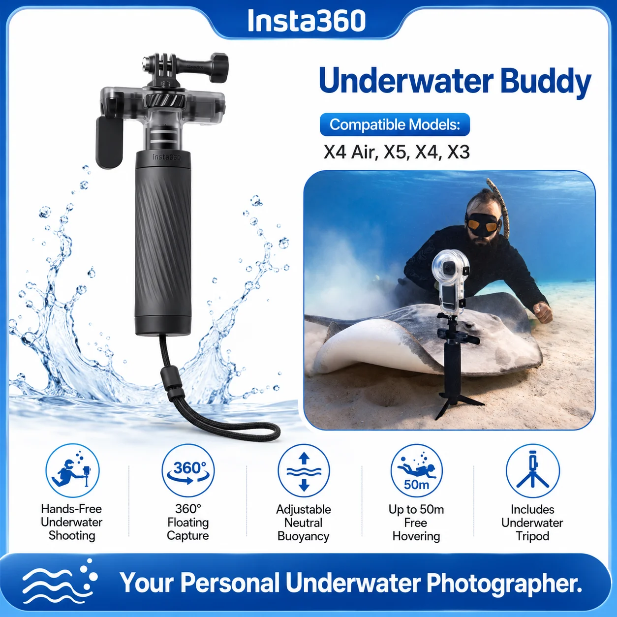 Photography Grip Insta360 X5 - Insta360 Underwater Buddy Floating Handle Grip