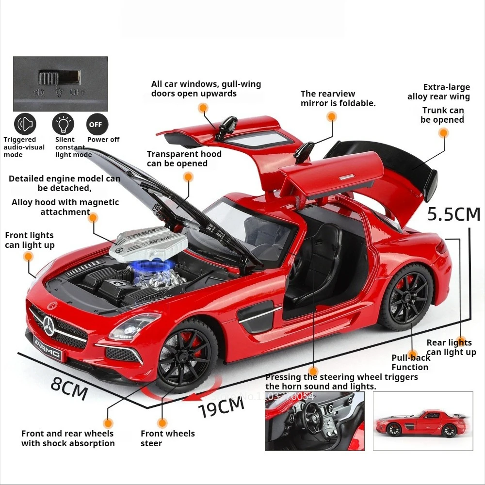 1:24 SLS SLR 722S Miniature Models Alloy Diecast Car Toys Sound Light Pull Back Doors Opened Vehices Popular Desktop Decorations