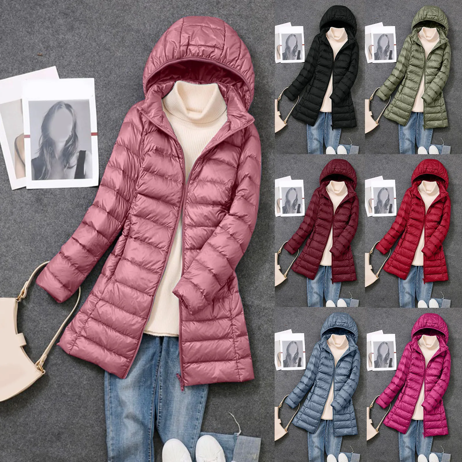 Streetwear Winter Jackets For Women Casual Lightweight Long Down Jacket Solid Color Zip Up Hooded Overcoat Puffer Outwears Femme