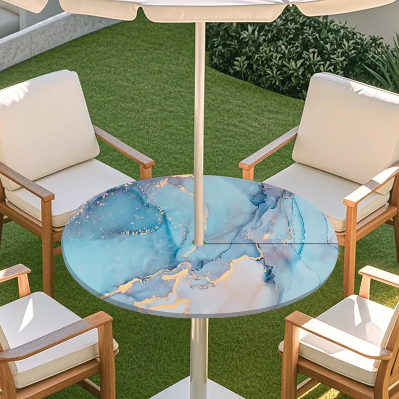 1pcs Outdoor Waterproof Umbrella Hole Round Table Cover Dining Picnic Camping Courtyard Tablecloth Elastic Fitted Table Cloth