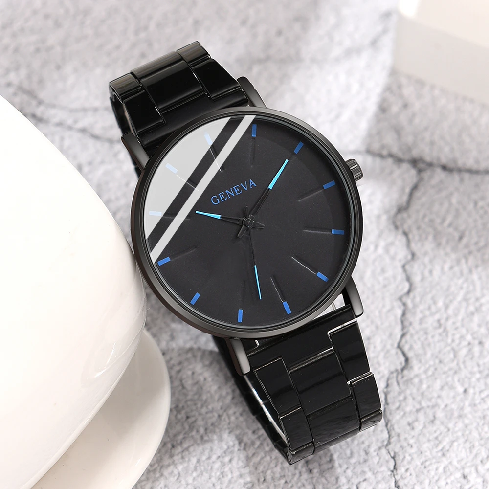 3PCS/Set Black Men Watch Fashionable Minimalist Blue Needle Dial Quartz Wristwatch Alloy Strap Watch Jewelry Set Gift For Him