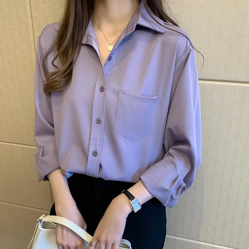 Spring New Purple Loose Blouse Ladies Solid Color Long Sleeve Simplicity Shirt Tops Korean Fashion Women Clothing