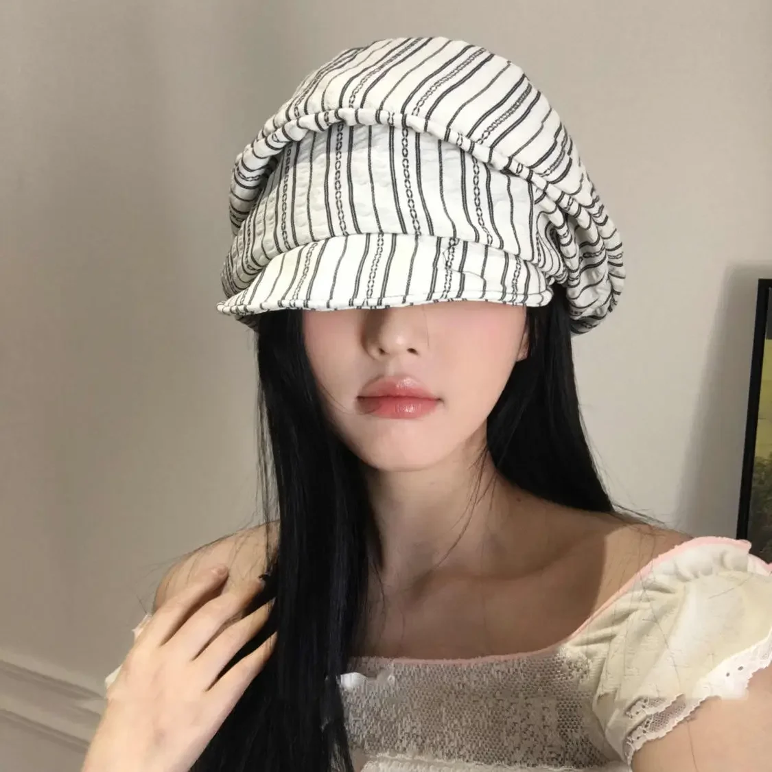 Spring Summer Vintage Japanese Style Irregular Stripes Newsboy Beret Niche Wrinkled Artist Hat Flattering Face Shape