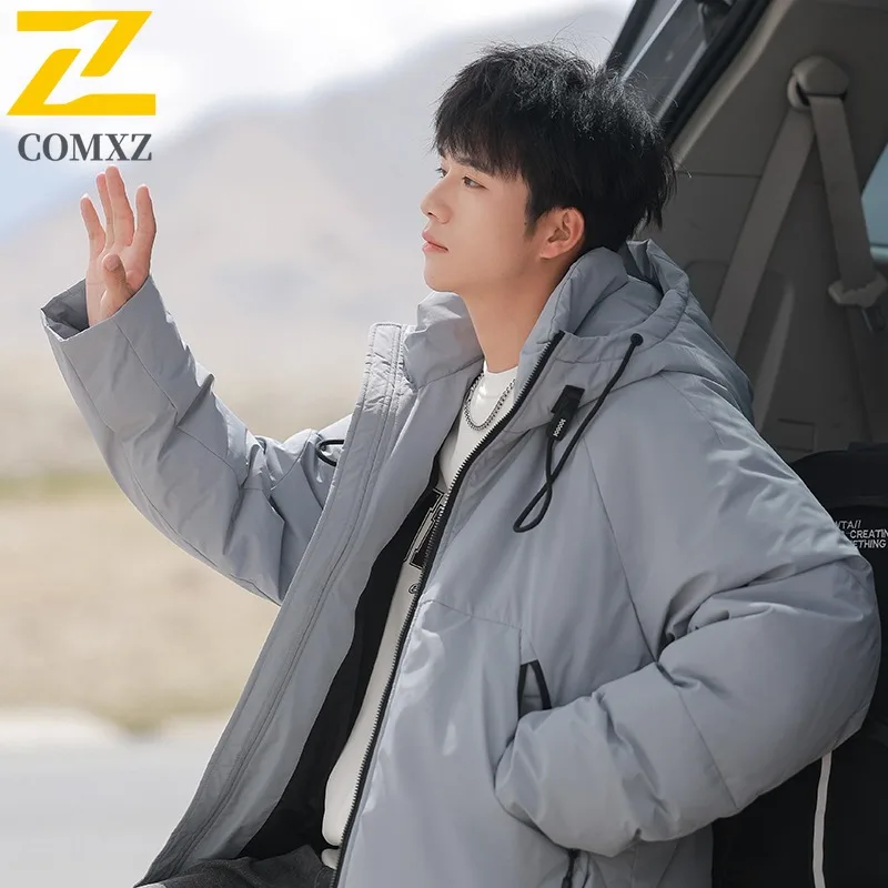COMXZ Men's Cotton Padded Jacket New Trendy Loose Solid Color Hooded Travel Padding Coat Snowy Comfortable Outdoor Padded Jacket