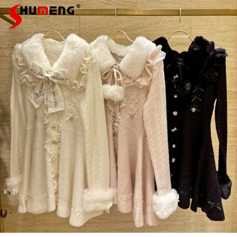 

Sweet Design Elegant Single-Breasted Fur Collar Furry Sleeves Detachable Dress Style Sweet Knitted Dresses 3 Colors Available