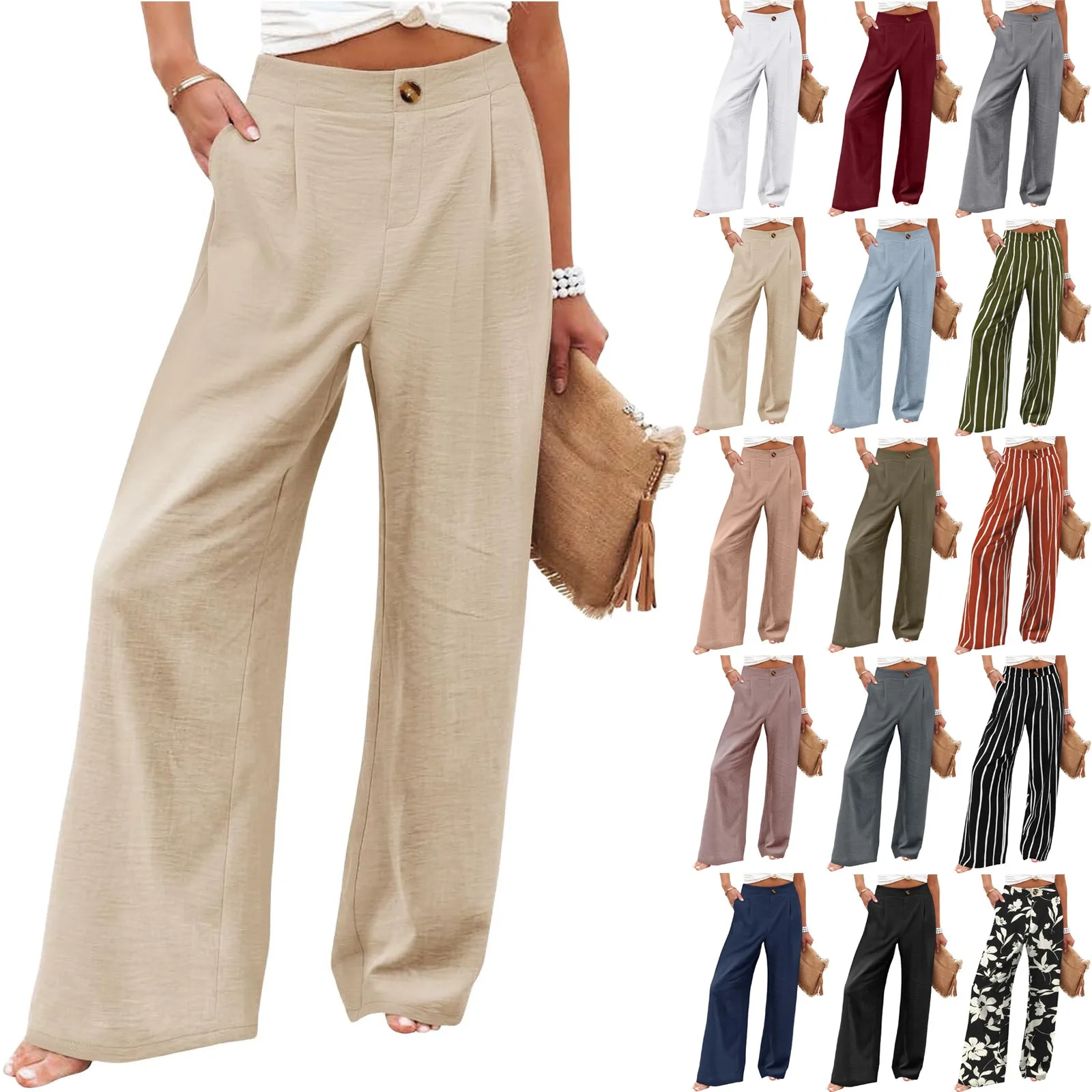 Pantalones de pierna ancha para mujer, Pantalón liso de cintura alta con botones, informal, básico, combina con todo, novedad de verano