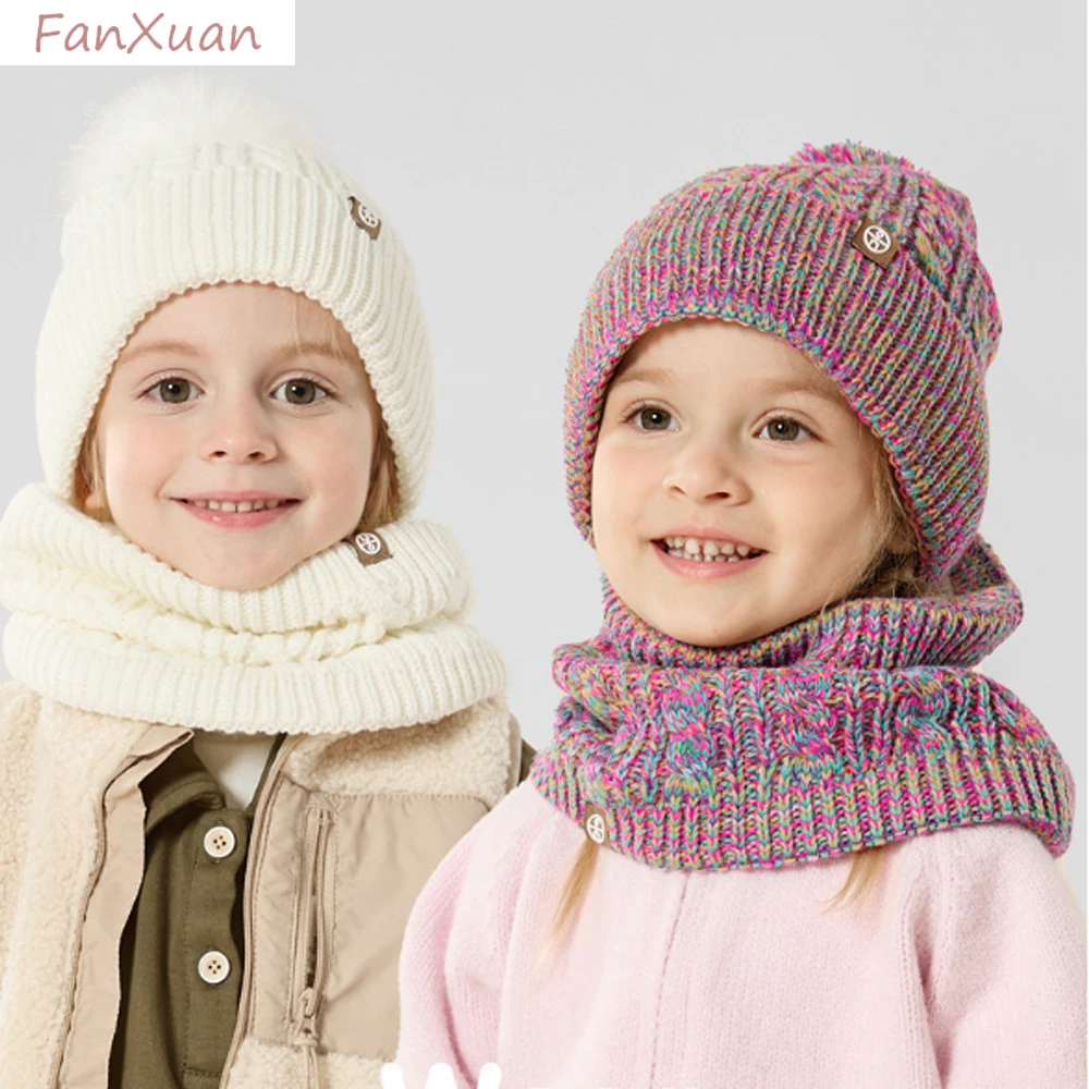 3pcs set children Winter Hat snood gloves knitted Beanies Pompom Kids Gilr Boy Winter beanie scarf gloves Thickened warm set