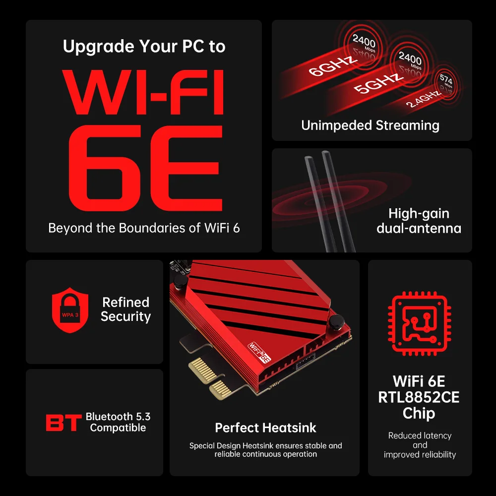 WiFi6E RTL8852CE 블루투스 5.3 트리플 밴드 2.4G/5GHz/6GHz 와이파이 카드 802.11AX 5374M PCI 익스프레스 무선 네트워크 어댑터 PC