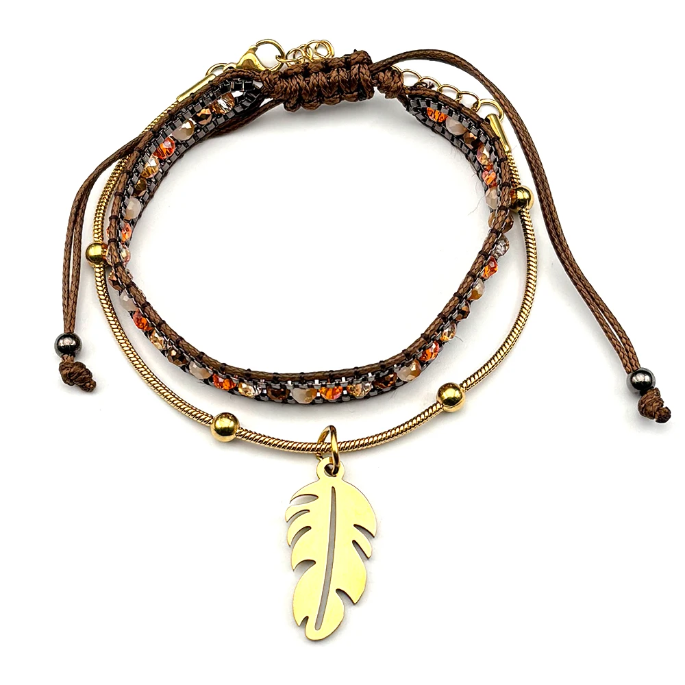 

Bohemian Multi-Layer Beaded Hollow Feather Bracelet Bangles for Women Stainless Steel Gold Color Charms Hand Chain Jewelry Gift