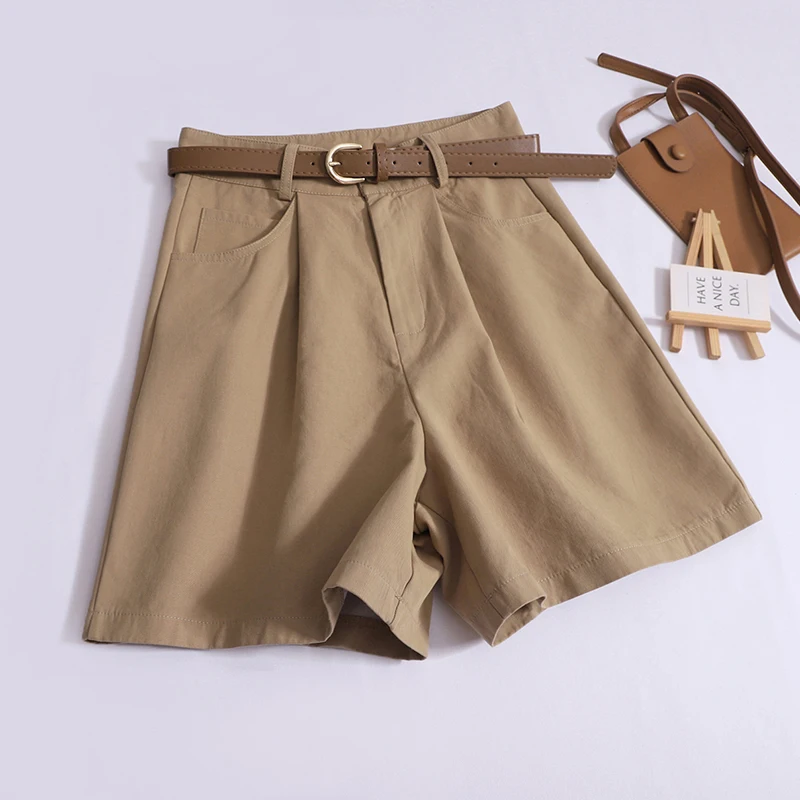 Vintage Cargo Shorts Women's Summer Loose Khaki Shorts High-waisted A-line Casual Wide-leg Shorts with Belt