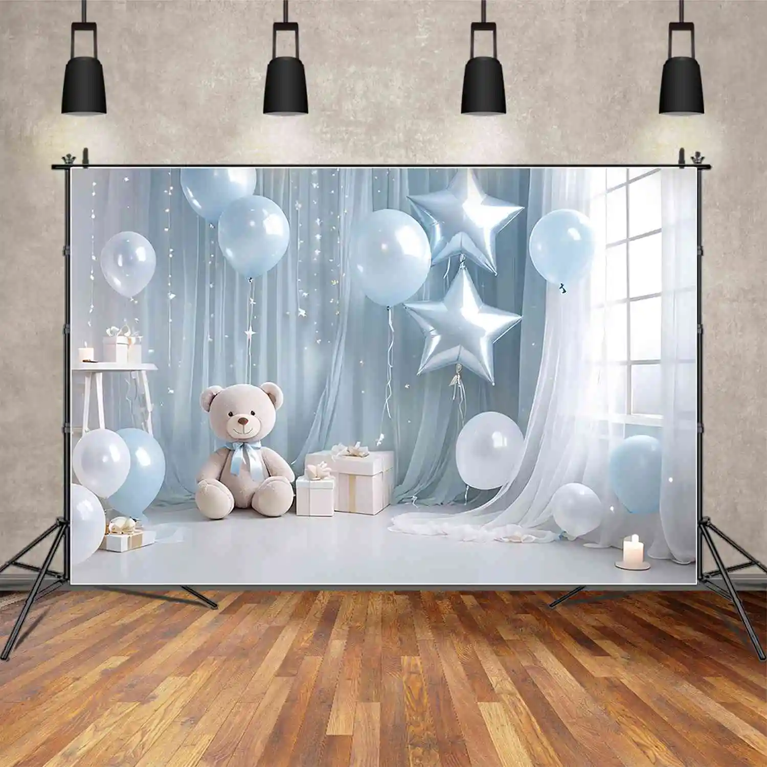 

MOON.QG Blue Drapes Birthday 1 Year Backgrounds Boys Teddy Bear Draping Cloth Balloon Backdrops Custom Party Photozone Props