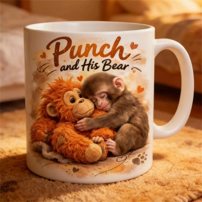 Punch with his bear mug, cute monkey and orangutan teddy bear design, 11 oz ceramic coffee mug, gift for animal lovers