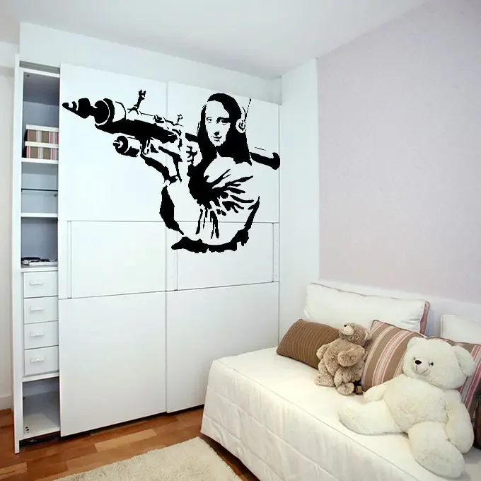 Banksy Vinyl Wall Decal Mona Lisa Rocket Launcher, Davinci Art Graffiti Sticker Z218