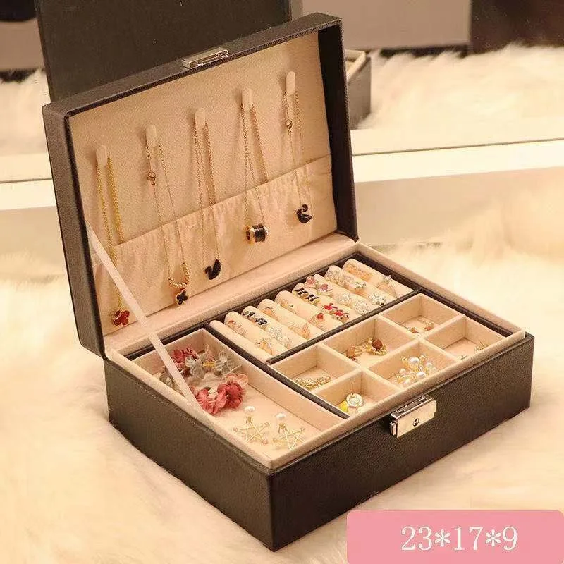 

Коробка-органайзер для ювелирных изделий для женщин и девочек, 2-слойный футляр для хранения ювелирных изделий из искусственной кожи с мягкой подкладкой и замком