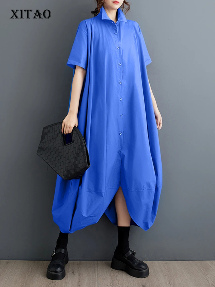 

XITAO Casual Irregular Shirt Dress Solid Color Simplicity Loose Short Sleeve Turn-down Collar Women Summer New Dress WLD20203