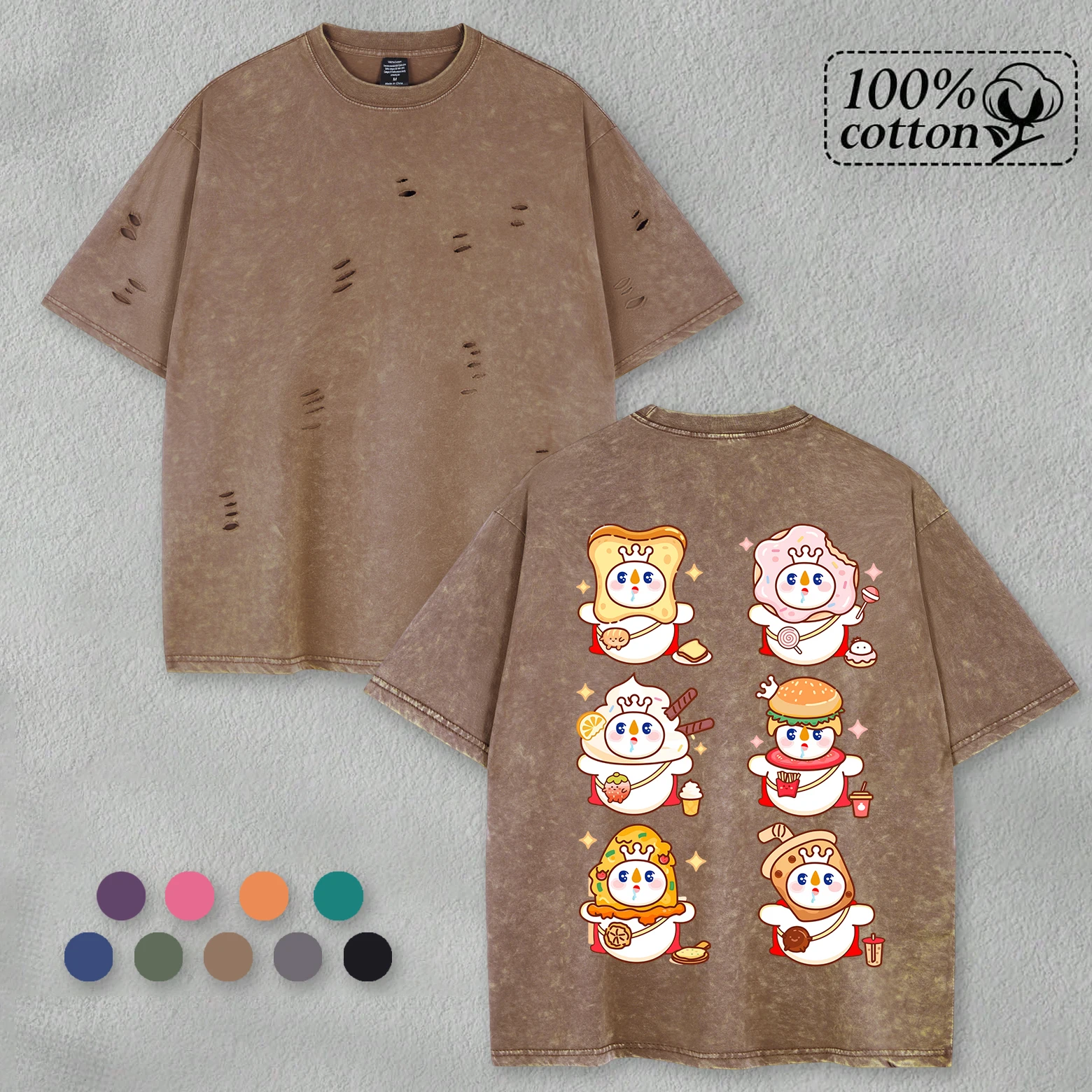 

Cute Burger Milk Tea Ice Cream Snowman Washed Holes T-Shirt Men Summer Tee Sport O-Neck Cotton Clothes All-Match Top Unisex