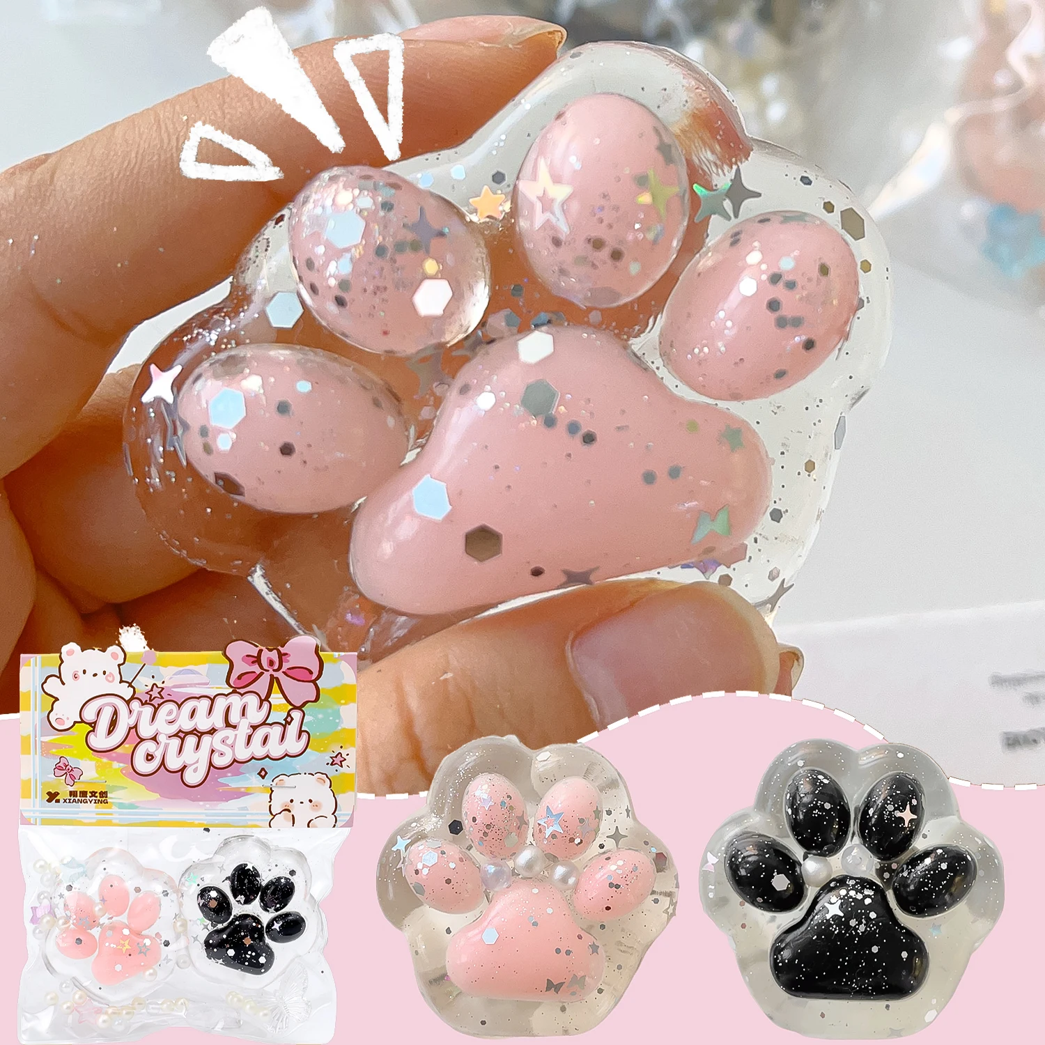 Black and Pink Cat Claw Pinch Toy Slow Rebound Transparent Wet Soft Decompression Toy Blingbling Pinch Children's Gifts