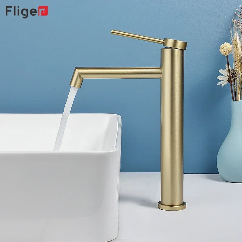 Fliger Gold Black Bathroom Faucet Tall Basin Faucets Bathroom Crane Hot Cold Water Sink Mixer Tap Countertop Sink Faucet Crane