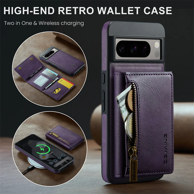 Luxury Magnetic Detachable Leather Phone Case For Google Pixel 8 Pro Wallet Card Slot Wireless Charging Phone Cover