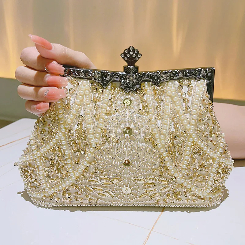 Faux Pearl Diamond Kiss Lock Clutch Bag, Floral Handle Evening Purse, Luxury Metal Chain Crossbody Bag for Cocktail Party Events
