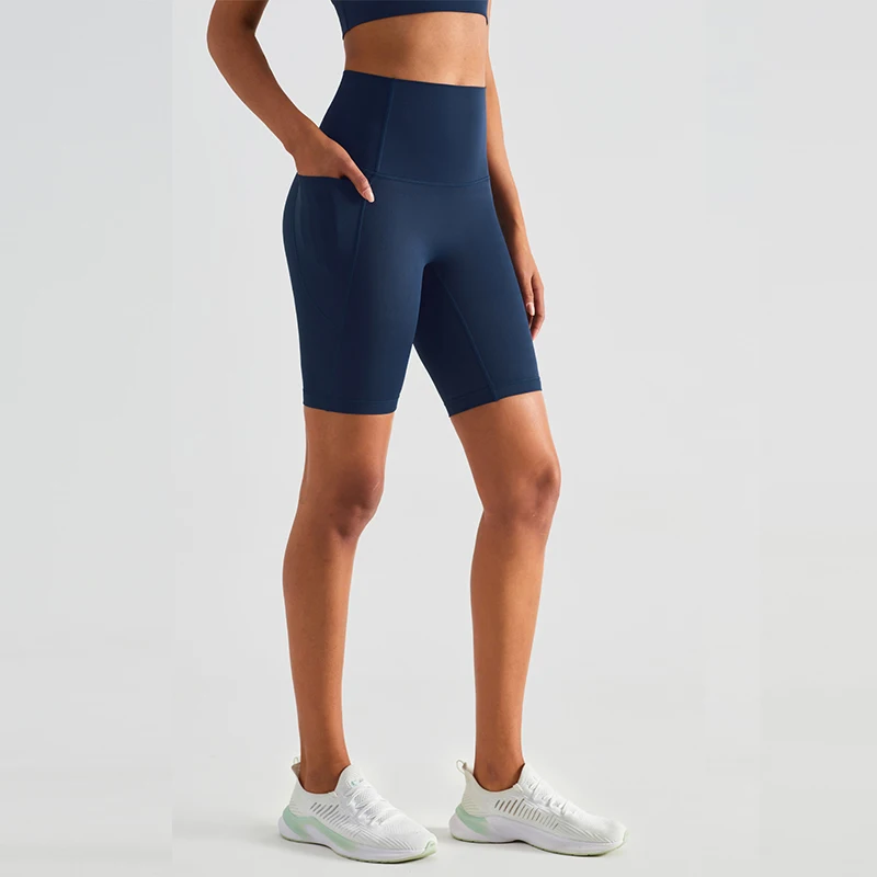 SOISOU-pantalones cortos deportivos de Yoga con bolsillo para mujer, Shorts de cintura alta transpirables sin costura frontal, para gimnasio,